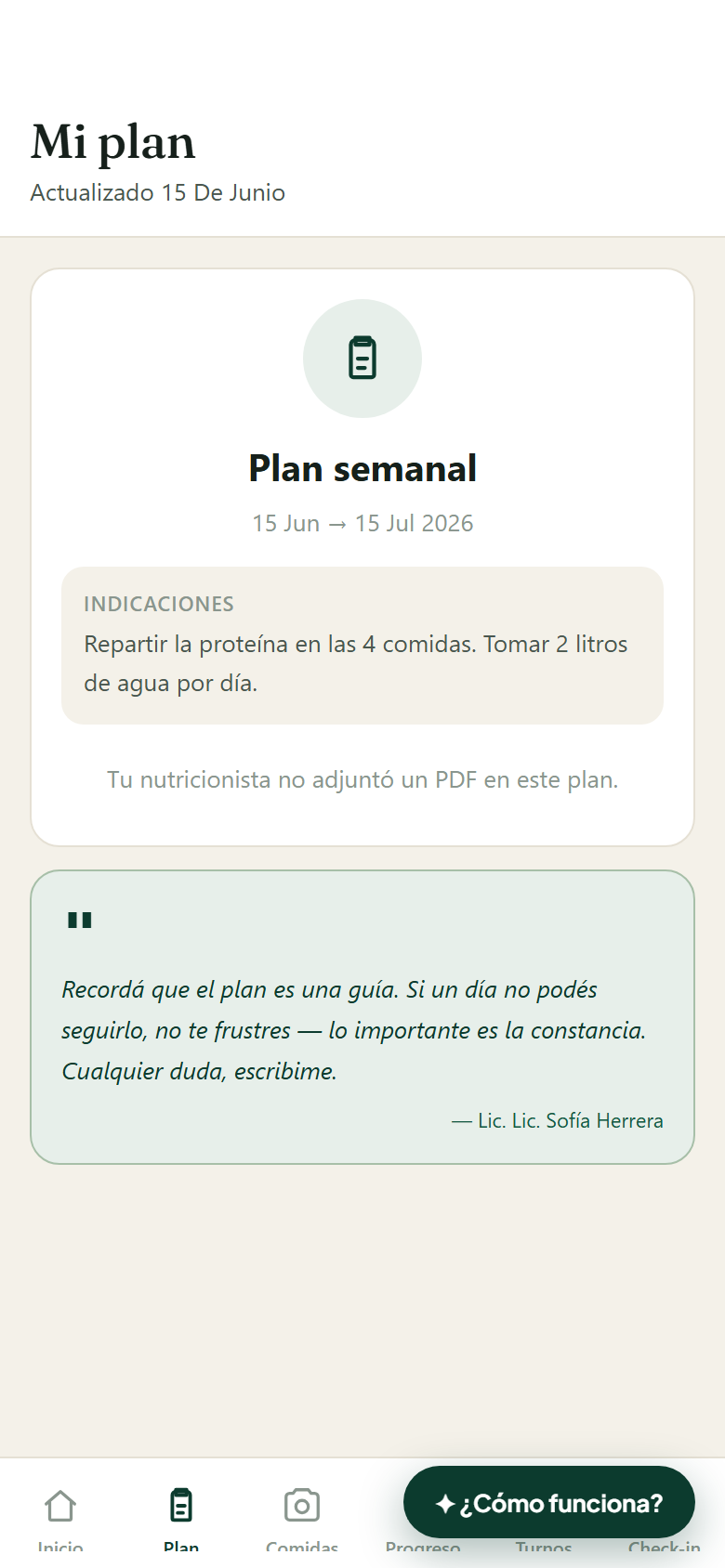 Pantalla del plan en la app del paciente