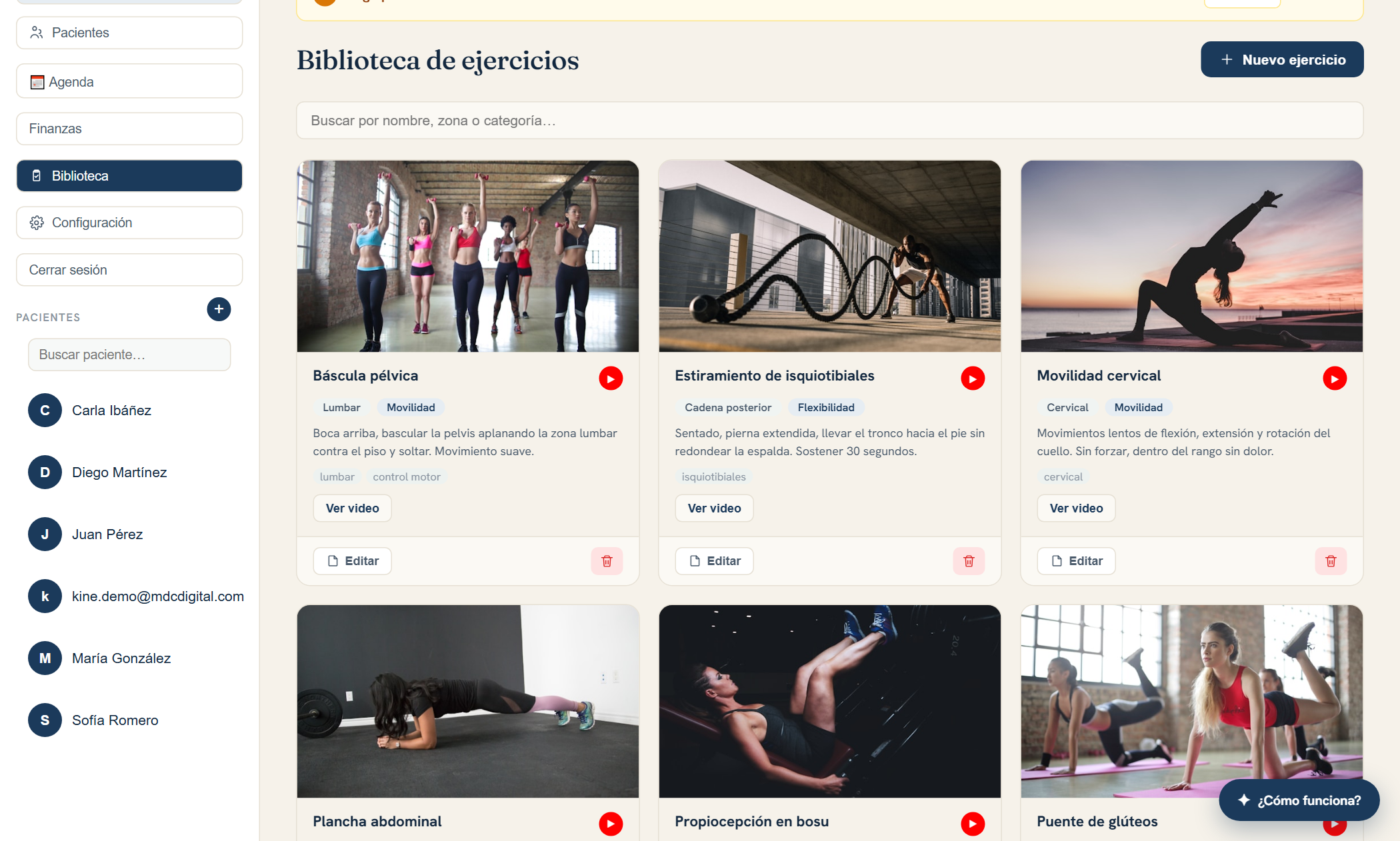 Biblioteca de ejercicios de kinesiología con fotos, etiquetas y video