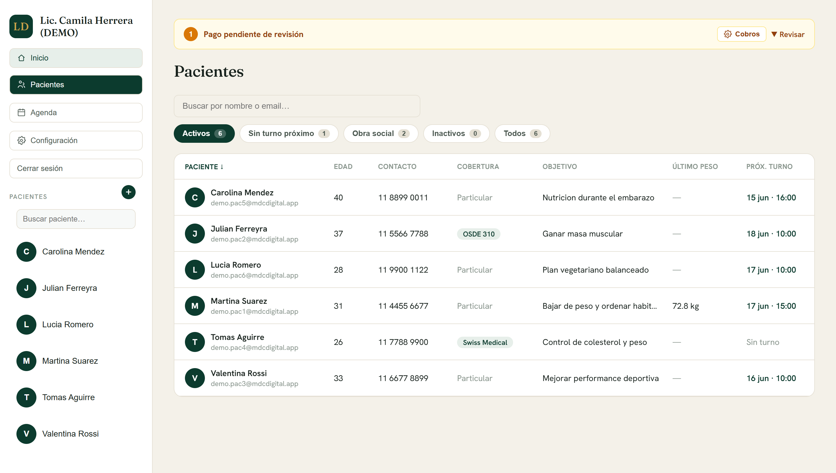 Base de pacientes con filtros y próximos turnos