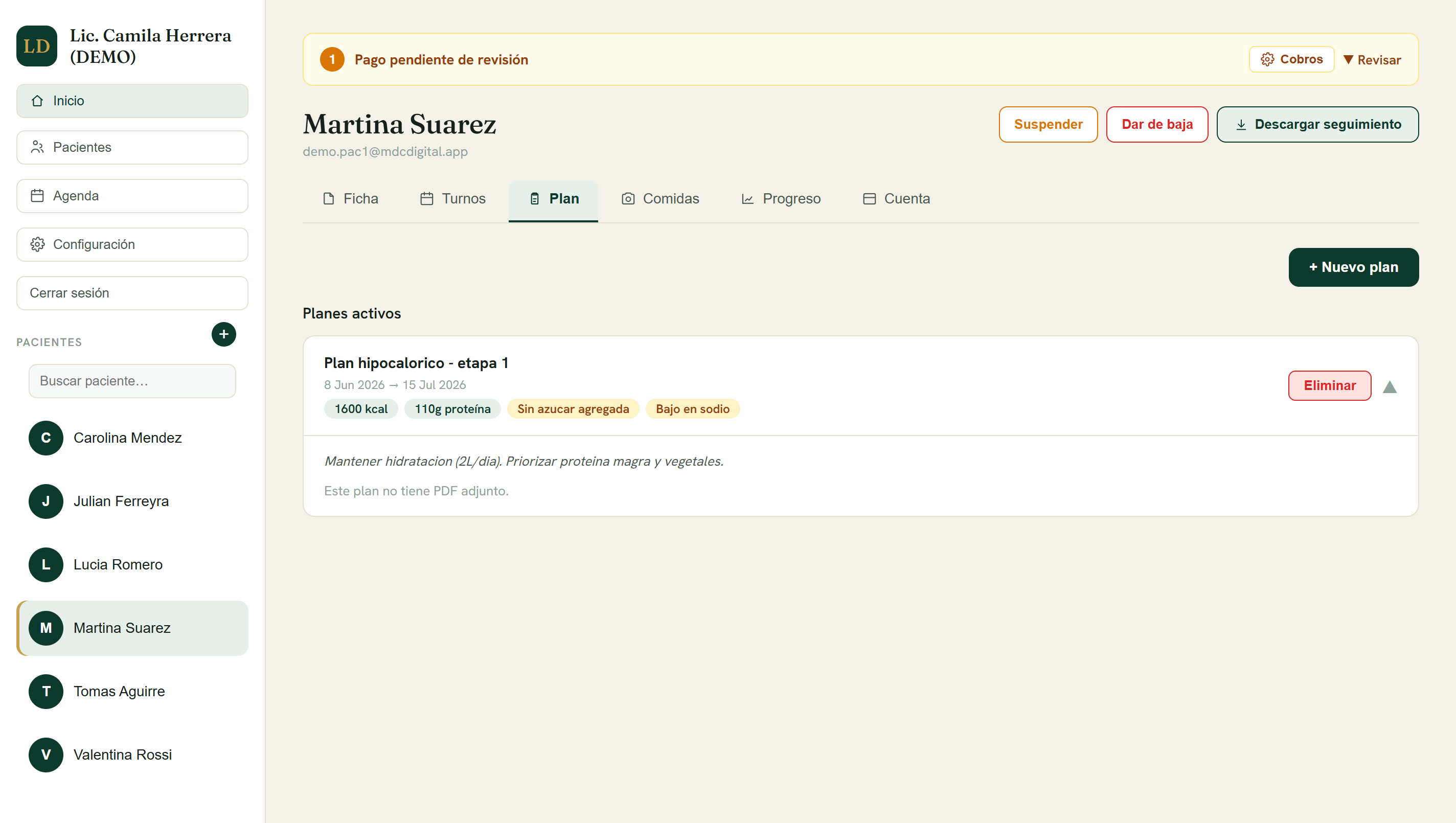 Plan personalizado del paciente con pautas y objetivos